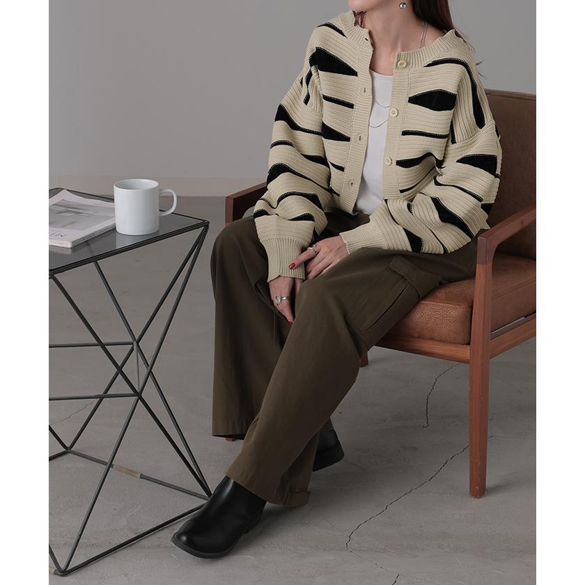 カーディガン ニット トップス レディース セーター カーデ 羽織 総柄 異素材 配色 ボーダー Uネック リブ | HUG.U | 10