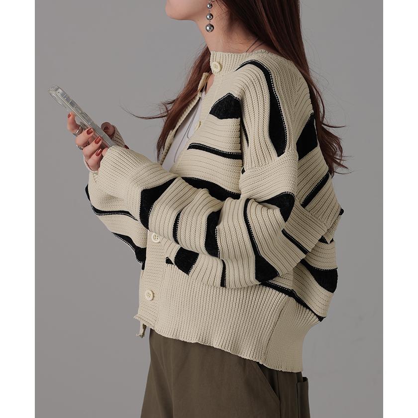 カーディガン ニット トップス レディース セーター カーデ 羽織 総柄 異素材 配色 ボーダー Uネック リブ | HUG.U | 11