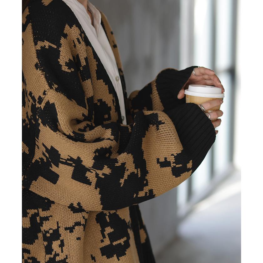 カーディガン カモフラージュ柄 ニット レディース セーター カーデ トップス ロング オーバー ニットカーディガン | HUG.U | 15