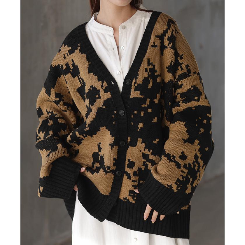 カーディガン カモフラージュ柄 ニット レディース セーター カーデ トップス ロング オーバー ニットカーディガン | HUG.U | 03