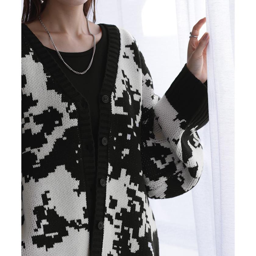 カーディガン カモフラージュ柄 ニット レディース セーター カーデ トップス ロング オーバー ニットカーディガン | HUG.U | 09