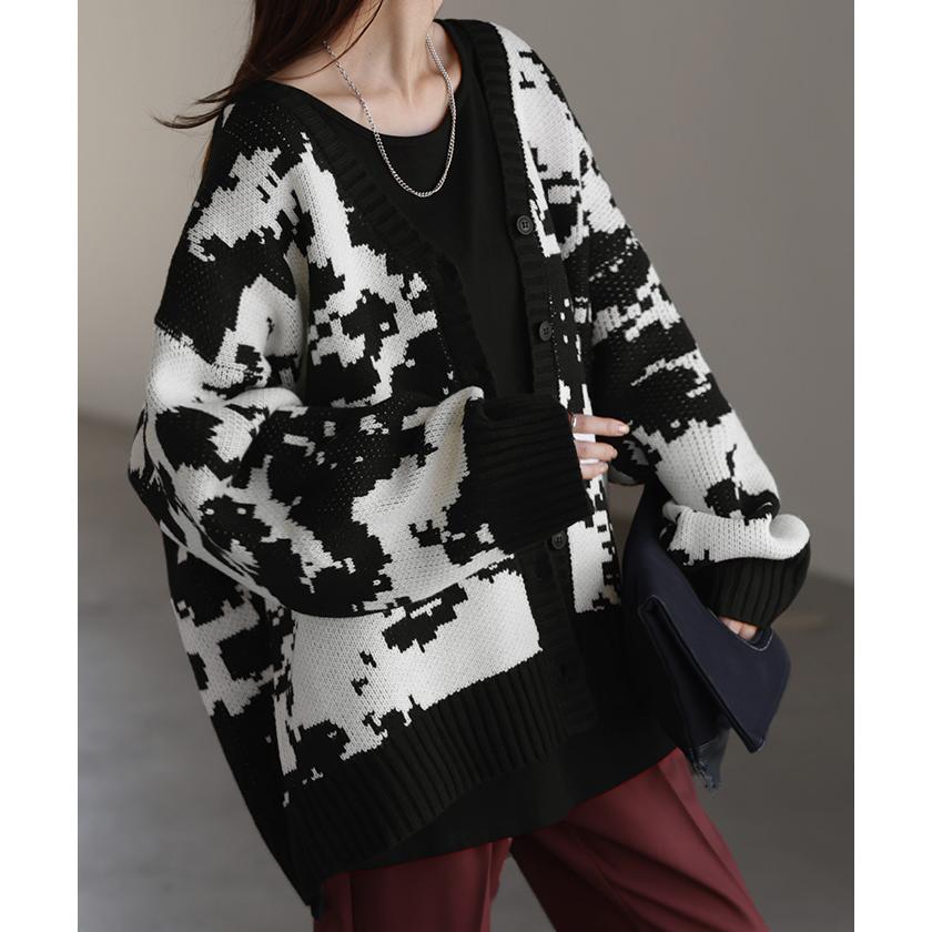 カーディガン カモフラージュ柄 ニット レディース セーター カーデ トップス ロング オーバー ニットカーディガン | HUG.U | 10