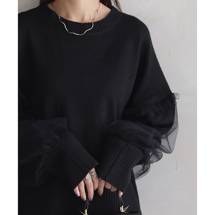 ニット チュール ドッキング レディース トップス 長袖 セーター ボリュームスリーブ チクチクしない | HUG.U | 16