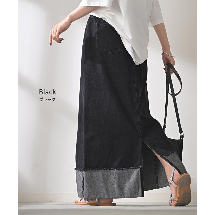 スカート デニム ロング レディース ボトムス デニムスカート ロングスカート Aライン ロールアップ ハイウエスト ゴムウエスト ゴム フレア | HUG.U | 14