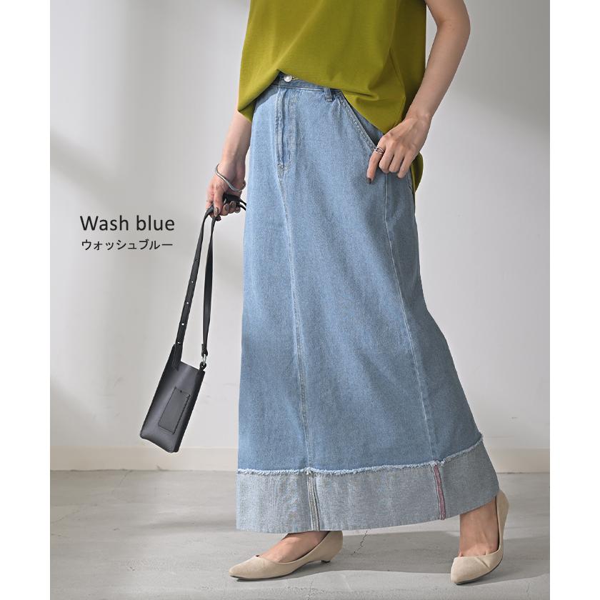 スカート デニム ロング レディース ボトムス デニムスカート ロングスカート Aライン ロールアップ ハイウエスト ゴムウエスト ゴム フレア | HUG.U | 15