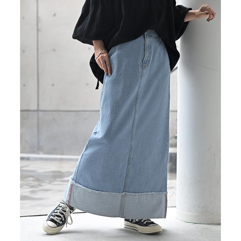 スカート デニム ロング レディース ボトムス デニムスカート ロングスカート Aライン ロールアップ ハイウエスト ゴムウエスト ゴム フレア | HUG.U | 20