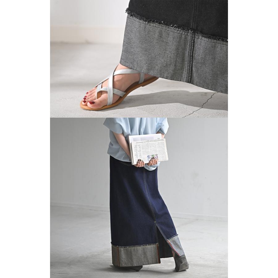 スカート デニム ロング レディース ボトムス デニムスカート ロングスカート Aライン ロールアップ ハイウエスト ゴムウエスト ゴム フレア | HUG.U | 22