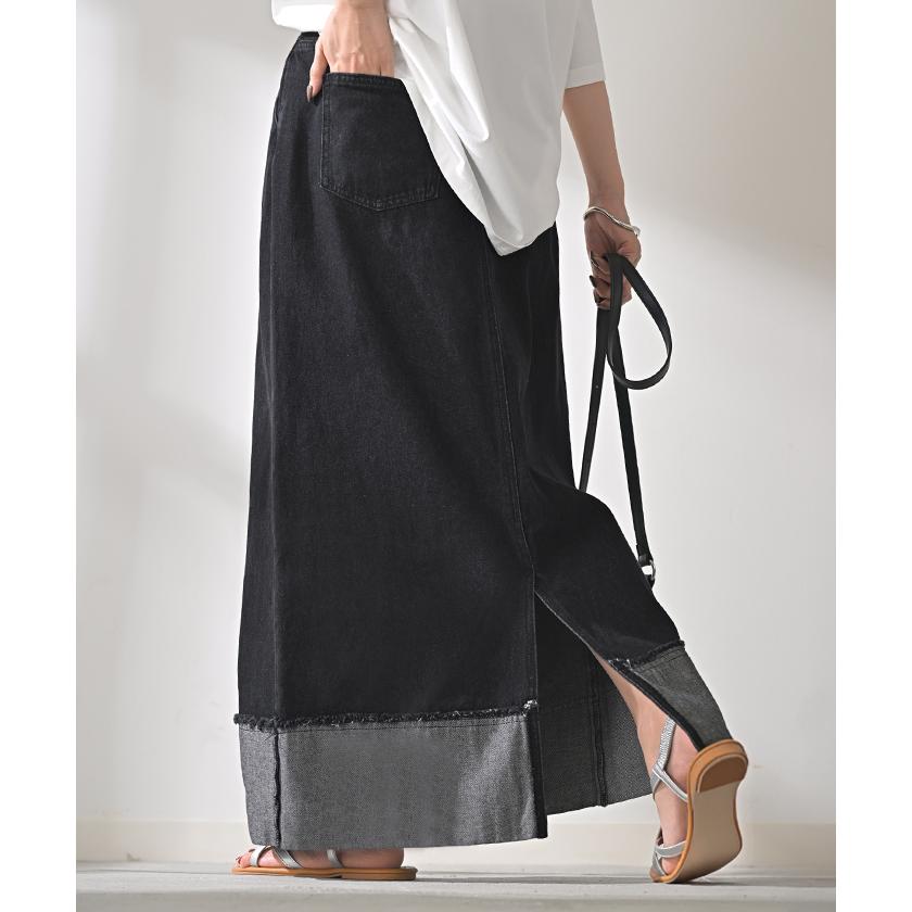 スカート デニム ロング レディース ボトムス デニムスカート ロングスカート Aライン ロールアップ ハイウエスト ゴムウエスト ゴム フレア | HUG.U | 07