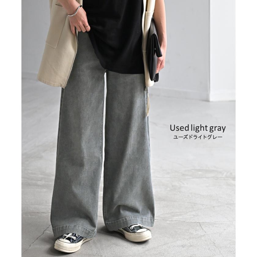 パンツ デニム スウェット ストレッチ レディース ボトムス ボトム ジーンズ ジーパン 無地 ハイライズ バギー ワイド ストレート ウエストゴム 軽い 軽量 | HUG.U | 18