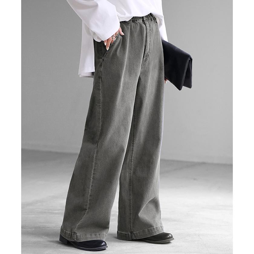 パンツ デニム スウェット ストレッチ レディース ボトムス ボトム ジーンズ ジーパン 無地 ハイライズ バギー ワイド ストレート ウエストゴム 軽い 軽量 | HUG.U | 10