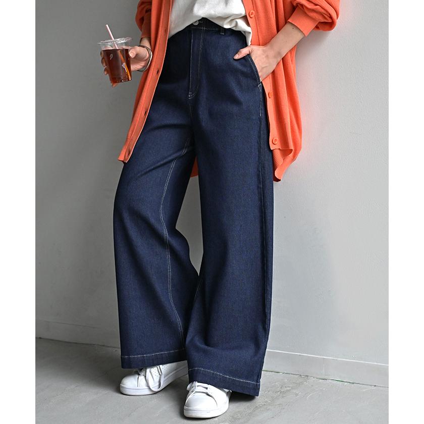 パンツ デニム スウェット ストレッチ レディース ボトムス ボトム ジーンズ ジーパン 無地 ハイライズ バギー ワイド ストレート ウエストゴム 軽い 軽量 | HUG.U | 11