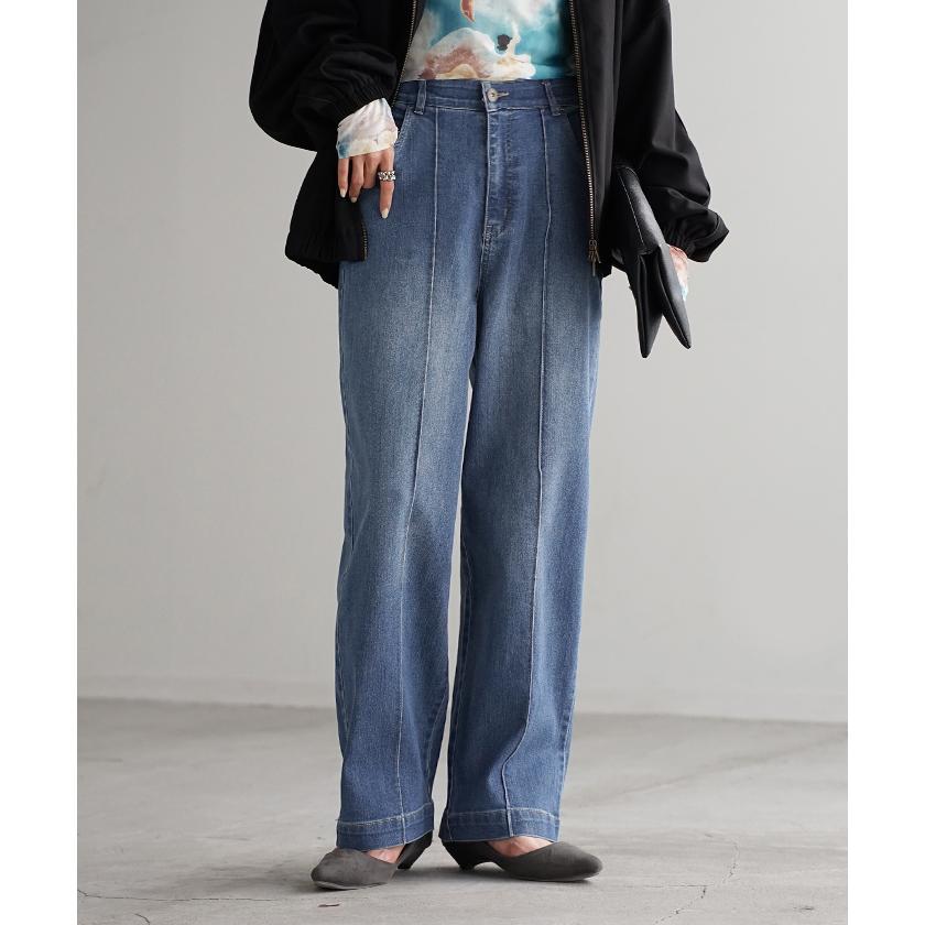 パンツ デニム ワイドパンツ ストレッチ レディース ボトムス ボトム ジーンズ ジーパン 無地 ハイライズ テーパード ウエストゴム | HUG.U | 07