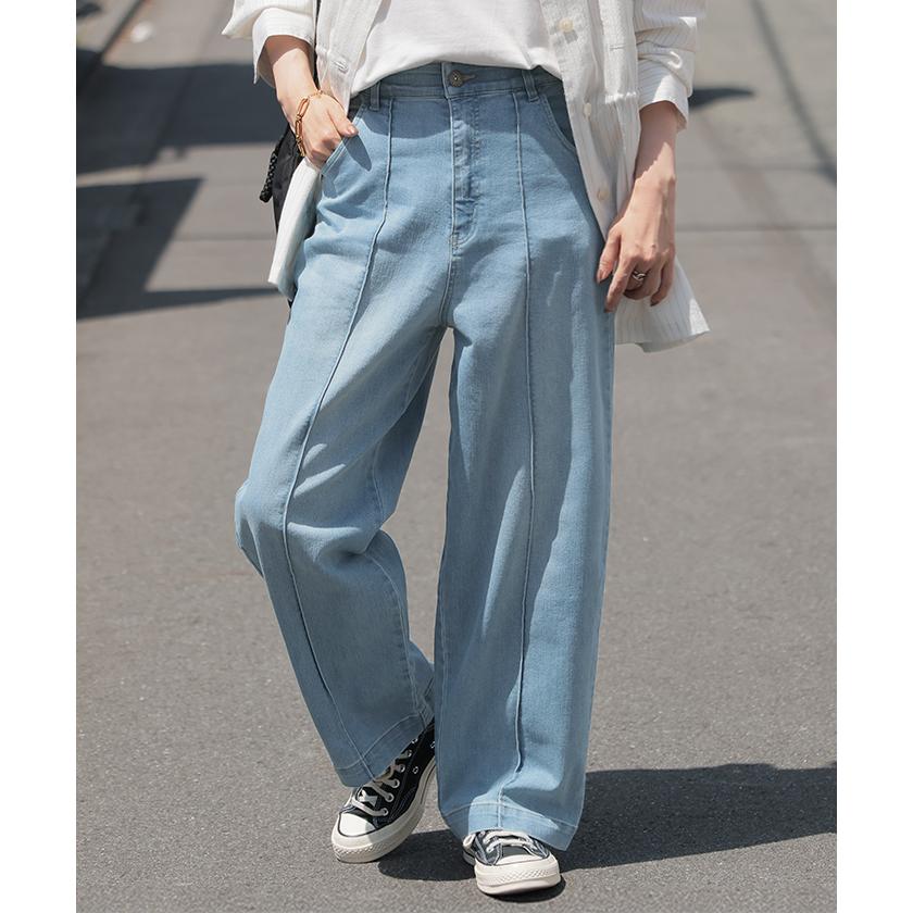 パンツ デニム ワイドパンツ ストレッチ レディース ボトムス ボトム ジーンズ ジーパン 無地 ハイライズ テーパード ウエストゴム | HUG.U | 07