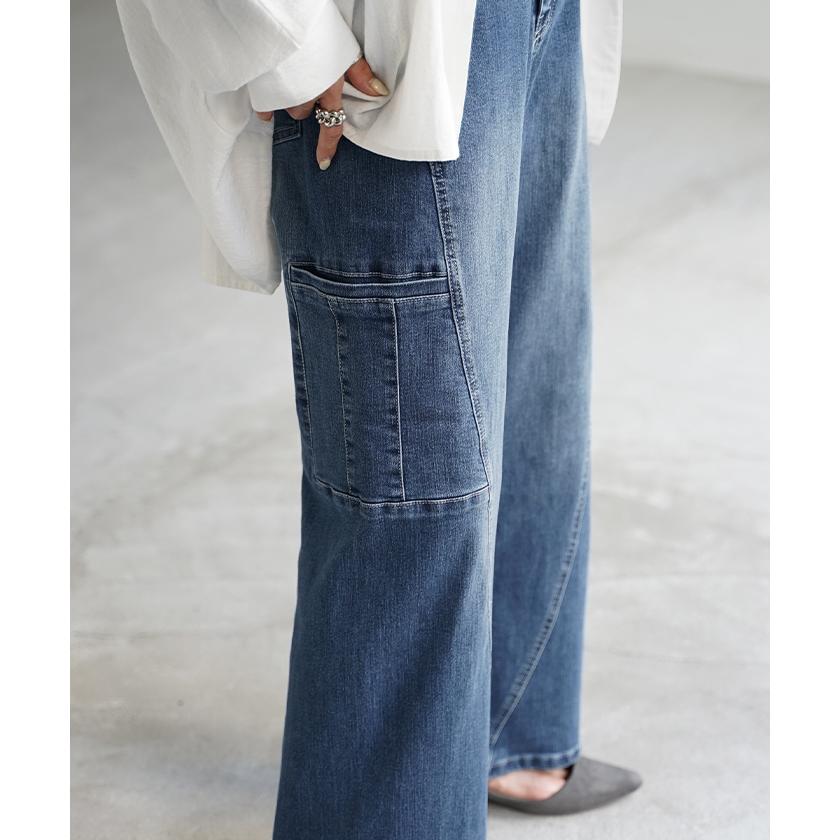 パンツ デニム フレアパンツ ストレッチ レデイ―ス カーブライン レディース ボトムス ボトム ジーンズ ジーパン 無地 ハイライズ テーパード ウエストゴム | HUG.U | 19