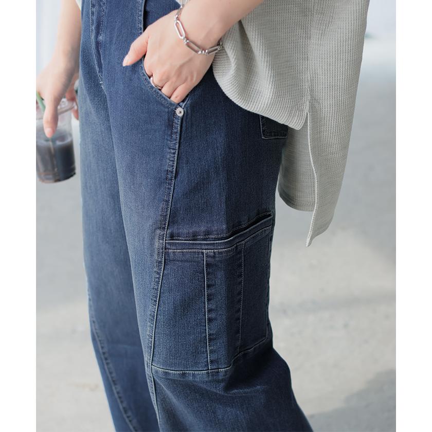 パンツ デニム フレアパンツ ストレッチ レデイ―ス カーブライン レディース ボトムス ボトム ジーンズ ジーパン 無地 ハイライズ テーパード ウエストゴム | HUG.U | 19