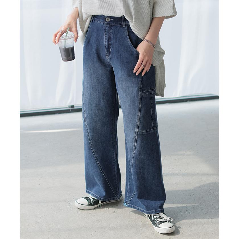 パンツ デニム フレアパンツ ストレッチ レデイ―ス カーブライン レディース ボトムス ボトム ジーンズ ジーパン 無地 ハイライズ テーパード ウエストゴム | HUG.U | 07