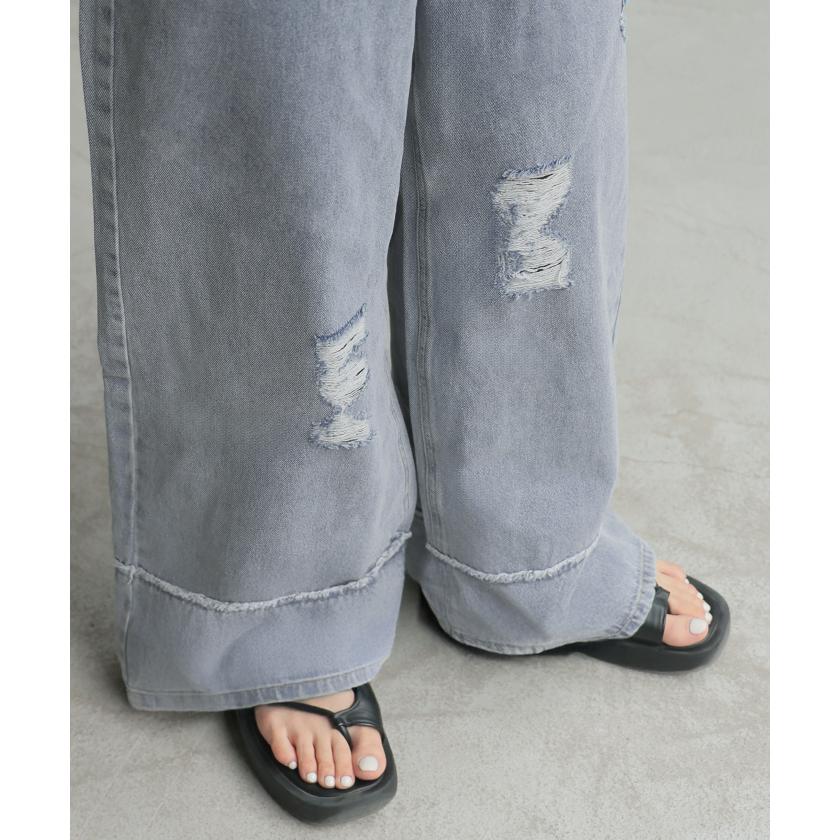 デニム パンツ ワイド 綿100％ レディース ボトムス ダメージ 加工 ハイウエスト クラッシュ デニムパンツ | HUG.U | 13