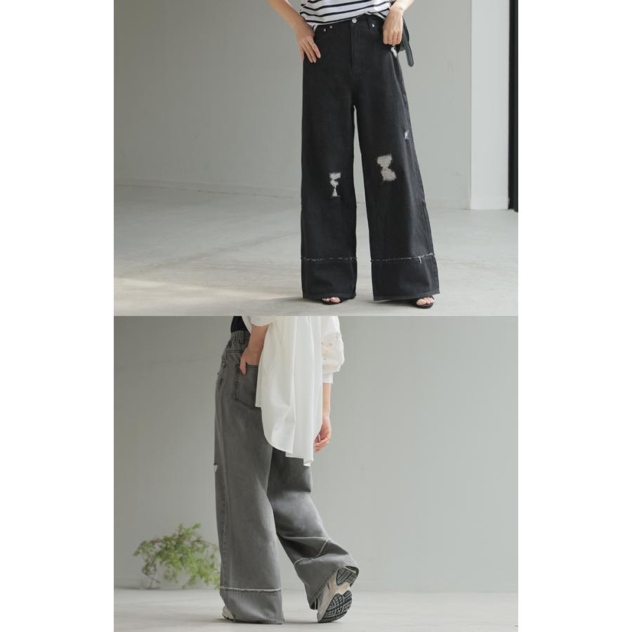 デニム パンツ ワイド 綿100％ レディース ボトムス ダメージ 加工 ハイウエスト クラッシュ デニムパンツ | HUG.U | 18