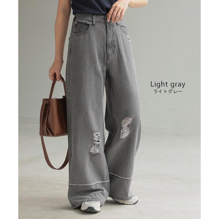 デニム パンツ ワイド 綿100％ レディース ボトムス ダメージ 加工 ハイウエスト クラッシュ デニムパンツ | HUG.U | 19