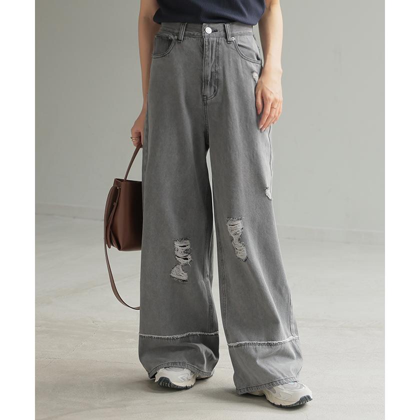 デニム パンツ ワイド 綿100％ レディース ボトムス ダメージ 加工 ハイウエスト クラッシュ デニムパンツ | HUG.U | 08