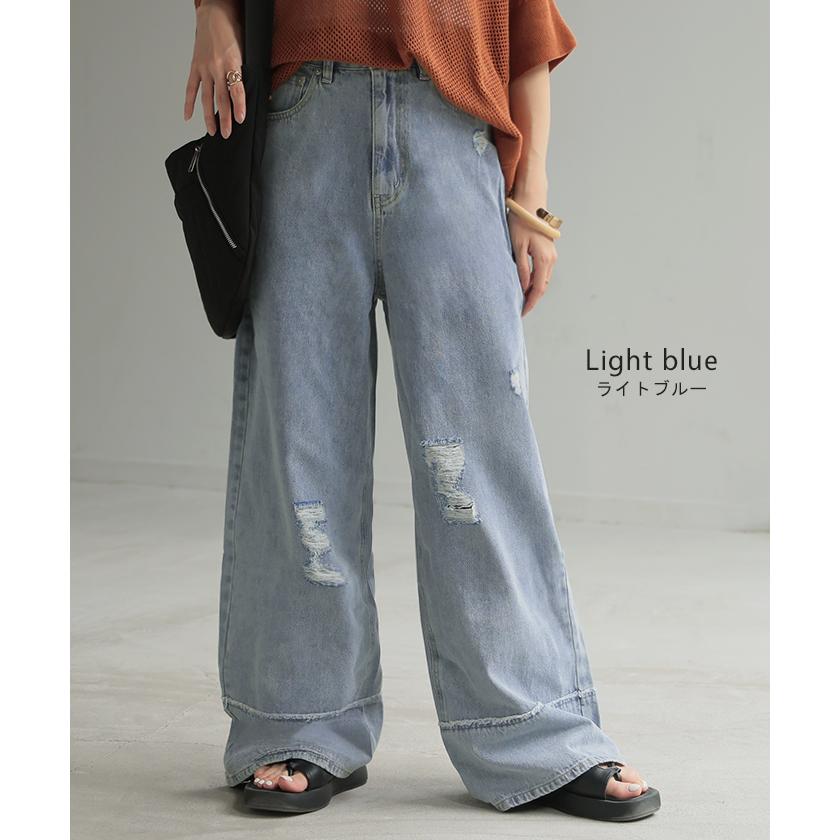 デニム パンツ ワイド 綿100％ レディース ボトムス ダメージ 加工 ハイウエスト クラッシュ デニムパンツ | HUG.U | 11