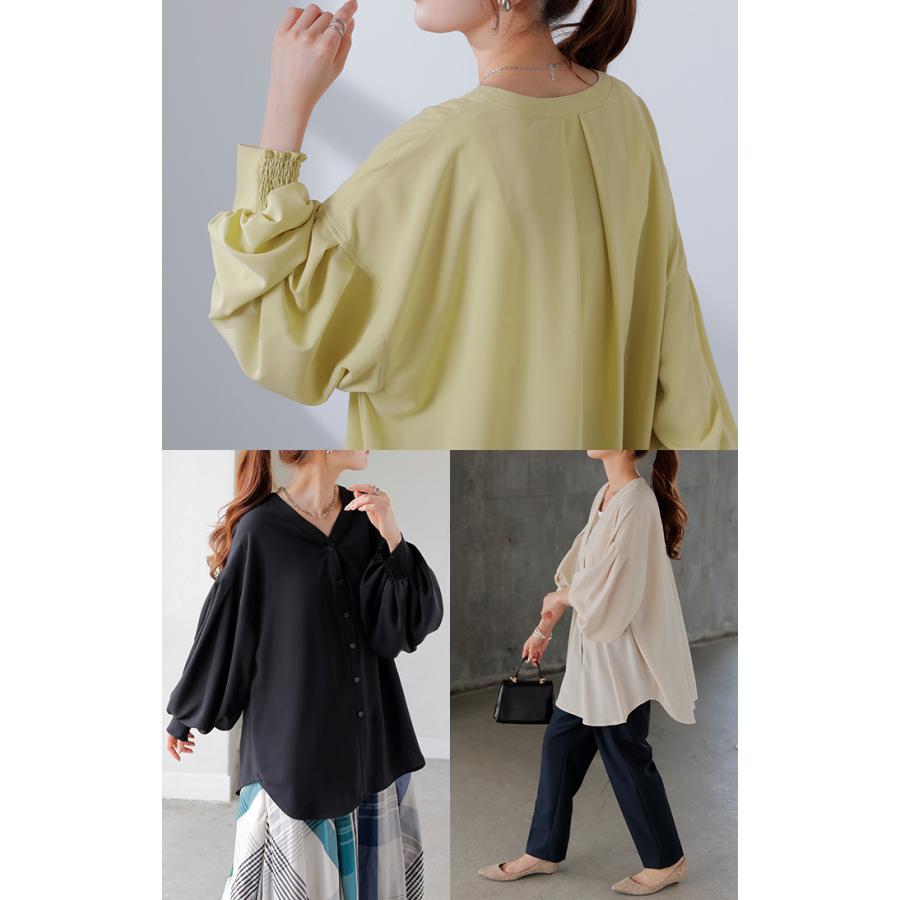 シャツ ぽわん袖 レディース トップス ブラウス ロング ロングシャツ チュニック 長袖 薄手 無地 羽織 ライトアウター Vネック レイヤード ドルマン きれいめ | HUG.U | 12