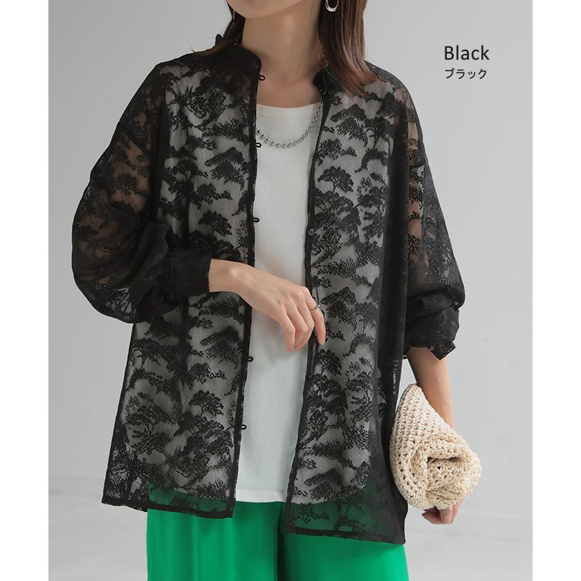 シャツ レース シアー 体型カバー チュニック トップス レディース 柄 ブラウス カラーシャツ レースシャツ オーバーサイズ 長い きれいめ | HUG.U | 11