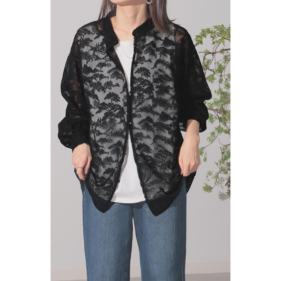 シャツ レース シアー 体型カバー チュニック トップス レディース 柄 ブラウス カラーシャツ レースシャツ オーバーサイズ 長い きれいめ | HUG.U | 16