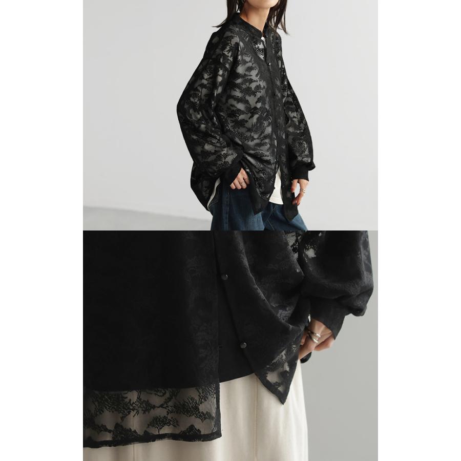 シャツ レース シアー 体型カバー チュニック トップス レディース 柄 ブラウス カラーシャツ レースシャツ オーバーサイズ 長い きれいめ | HUG.U | 18