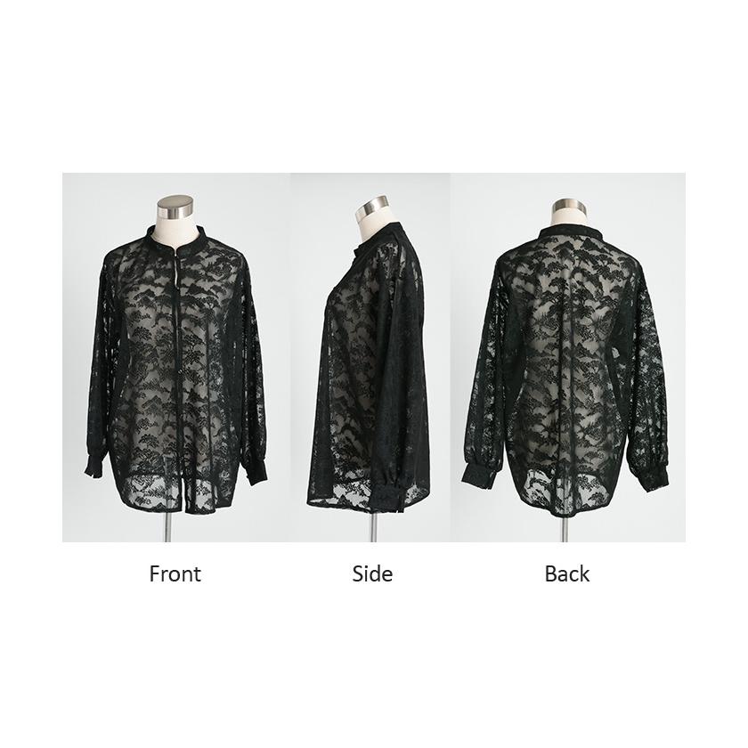 シャツ レース シアー 体型カバー チュニック トップス レディース 柄 ブラウス カラーシャツ レースシャツ オーバーサイズ 長い きれいめ | HUG.U | 20