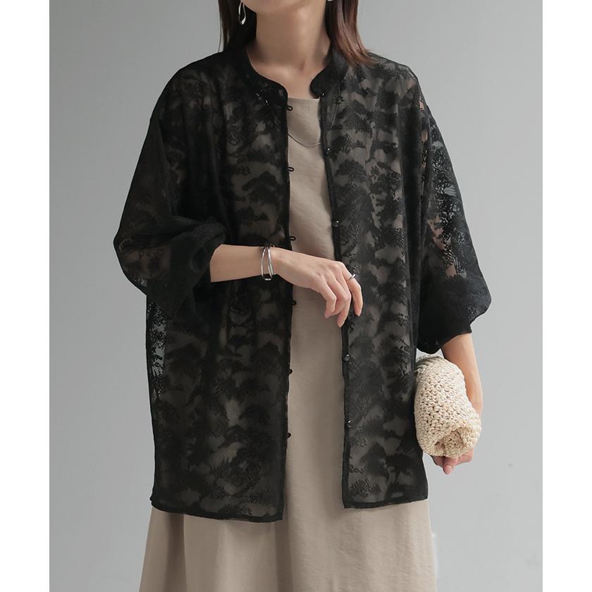 シャツ レース シアー 体型カバー チュニック トップス レディース 柄 ブラウス カラーシャツ レースシャツ オーバーサイズ 長い きれいめ | HUG.U | 05