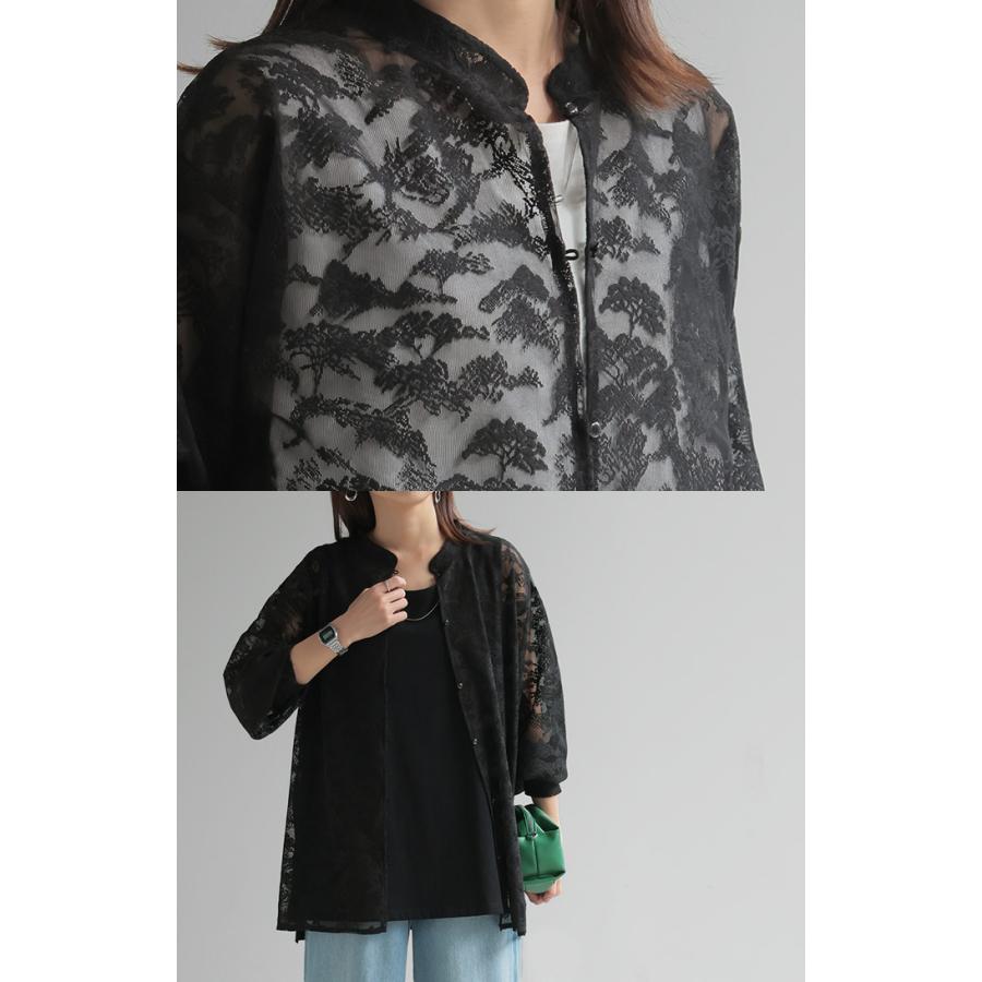 シャツ レース シアー 体型カバー チュニック トップス レディース 柄 ブラウス カラーシャツ レースシャツ オーバーサイズ 長い きれいめ | HUG.U | 09