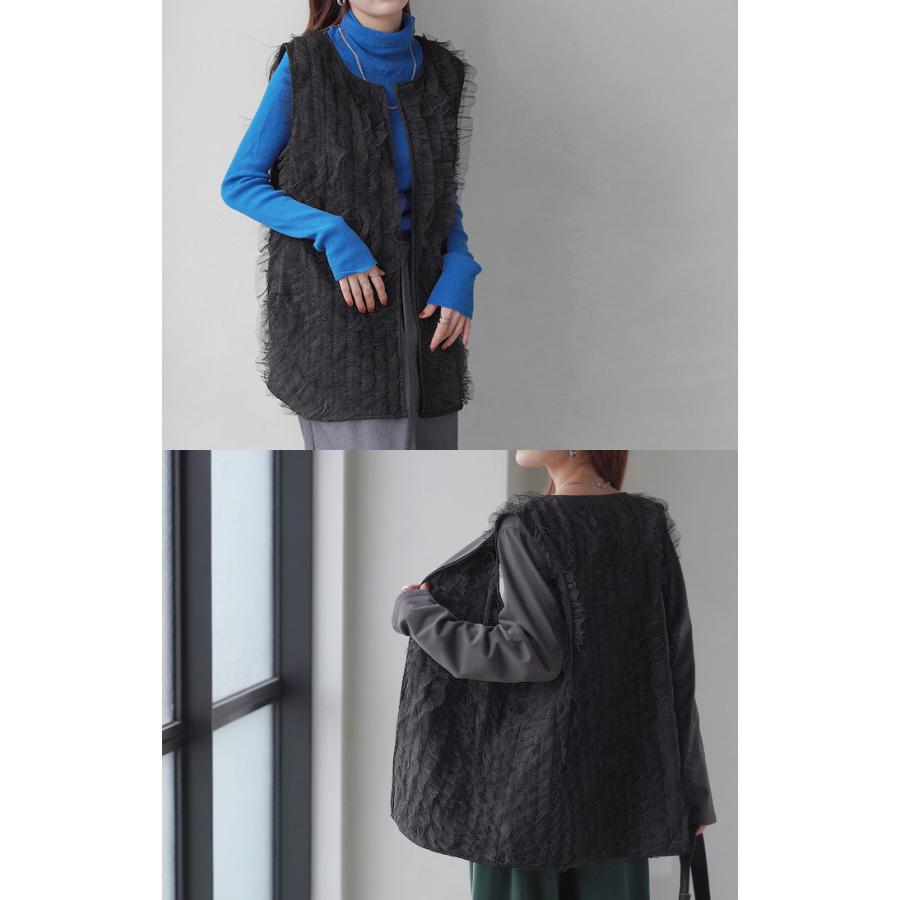 ベスト ジレ レディース チュール トップス レイヤード チュールベスト チュールジレ チュールトップス 前開き 体型カバー 羽織 ノースリーブ | HUG.U | 11