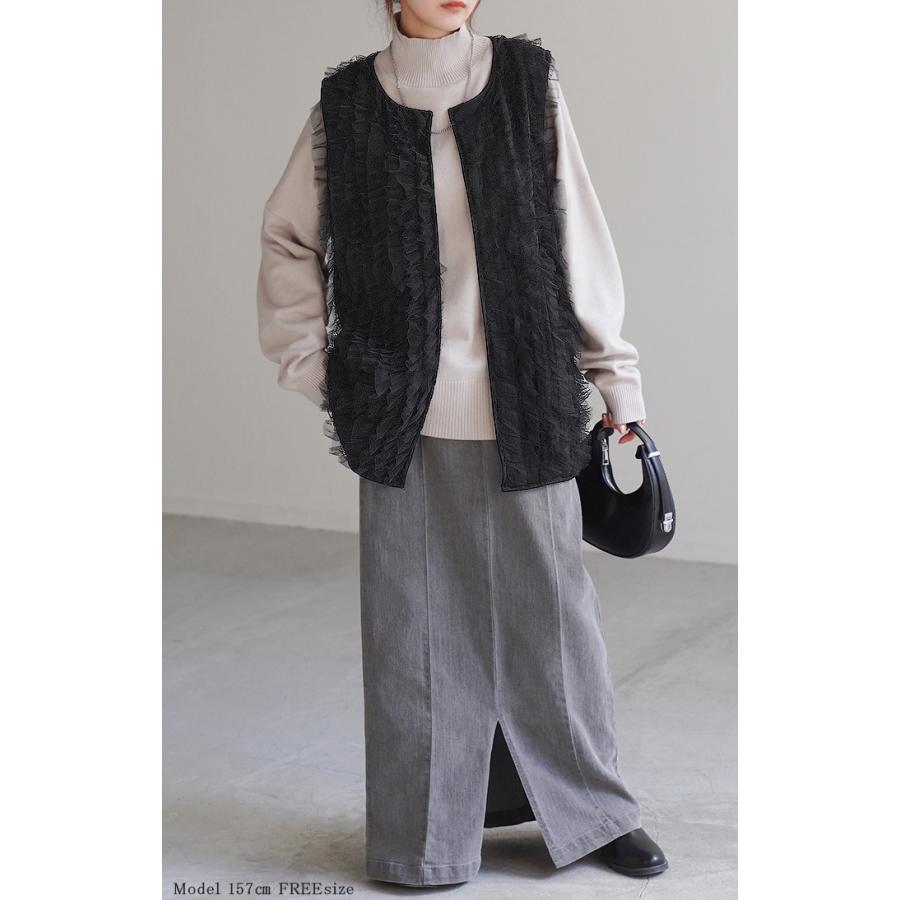 ベスト ジレ レディース チュール トップス レイヤード チュールベスト チュールジレ チュールトップス 前開き 体型カバー 羽織 ノースリーブ | HUG.U | 13