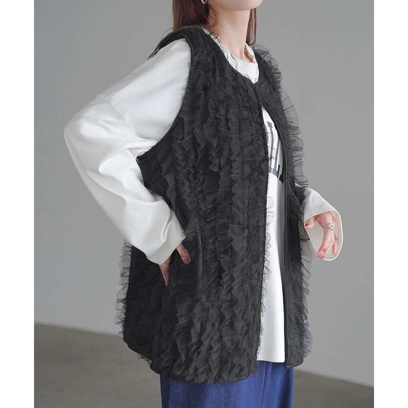 ベスト ジレ レディース チュール トップス レイヤード チュールベスト チュールジレ チュールトップス 前開き 体型カバー 羽織 ノースリーブ | HUG.U | 18