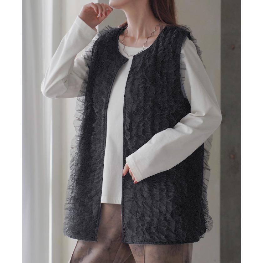 ベスト ジレ レディース チュール トップス レイヤード チュールベスト チュールジレ チュールトップス 前開き 体型カバー 羽織 ノースリーブ | HUG.U | 05