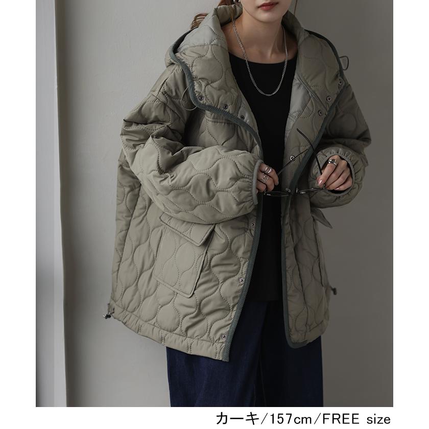 ジャケット キルティング コート レディース アウター ジャンパー キルト フード 無地 刺繍 オーバーサイズ Vネック 中綿 羽織 暖かい ロング ミリタリー | HUG.U | 12