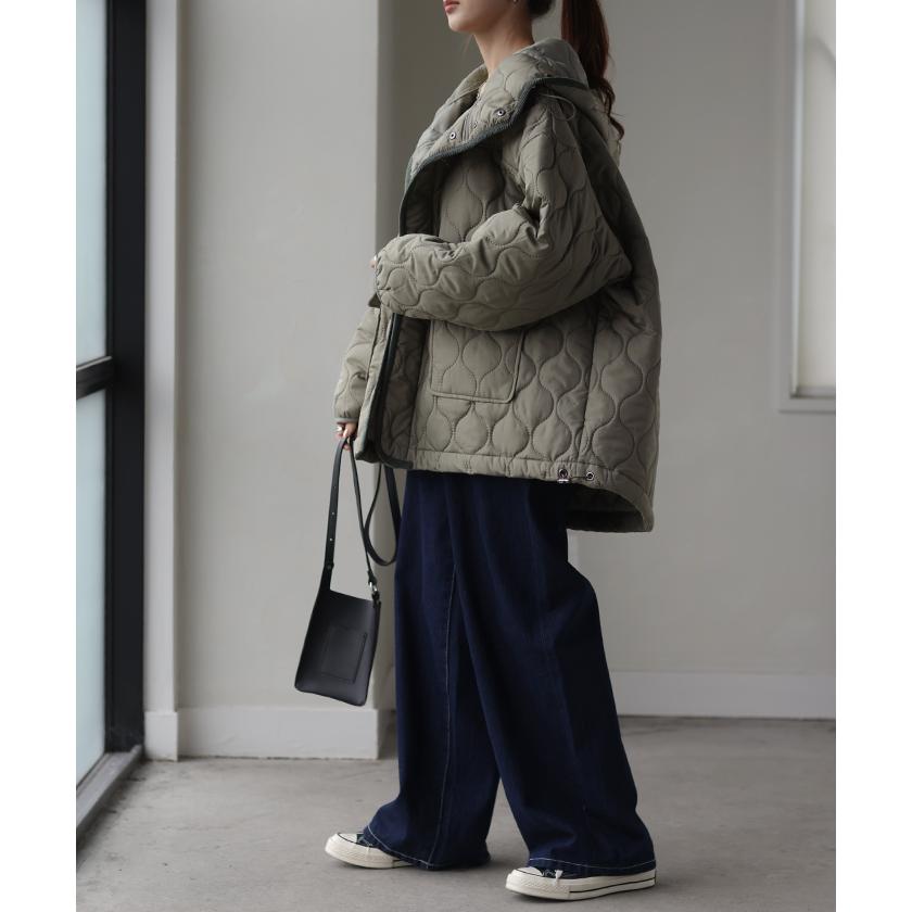 ジャケット キルティング コート レディース アウター ジャンパー キルト フード 無地 刺繍 オーバーサイズ Vネック 中綿 羽織 暖かい ロング ミリタリー | HUG.U | 13