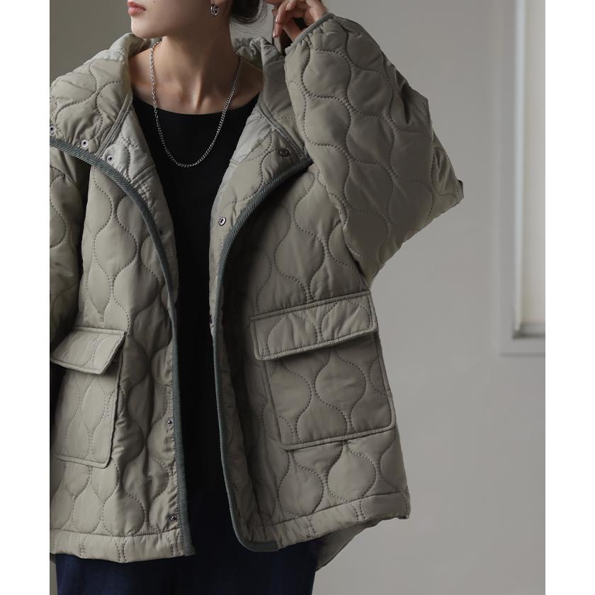 ジャケット キルティング コート レディース アウター ジャンパー キルト フード 無地 刺繍 オーバーサイズ Vネック 中綿 羽織 暖かい ロング ミリタリー | HUG.U | 14