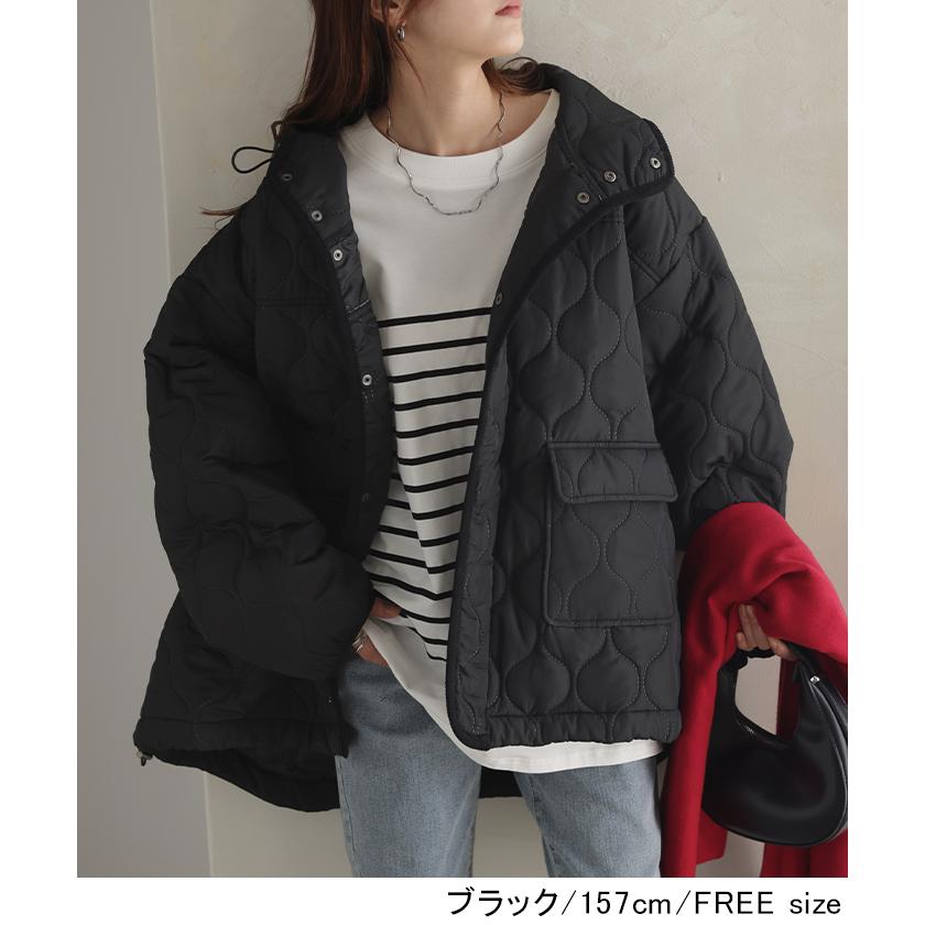 ジャケット キルティング コート レディース アウター ジャンパー キルト フード 無地 刺繍 オーバーサイズ Vネック 中綿 羽織 暖かい ロング ミリタリー | HUG.U | 15