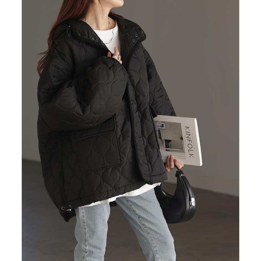ジャケット キルティング コート レディース アウター ジャンパー キルト フード 無地 刺繍 オーバーサイズ Vネック 中綿 羽織 暖かい ロング ミリタリー | HUG.U | 16