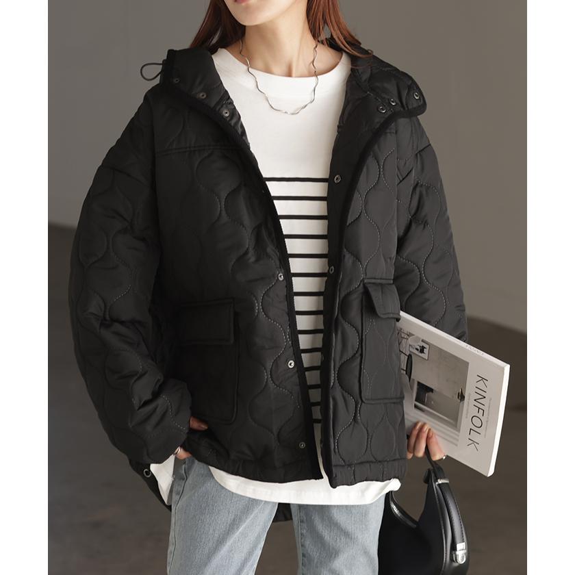 ジャケット キルティング コート レディース アウター ジャンパー キルト フード 無地 刺繍 オーバーサイズ Vネック 中綿 羽織 暖かい ロング ミリタリー | HUG.U | 17