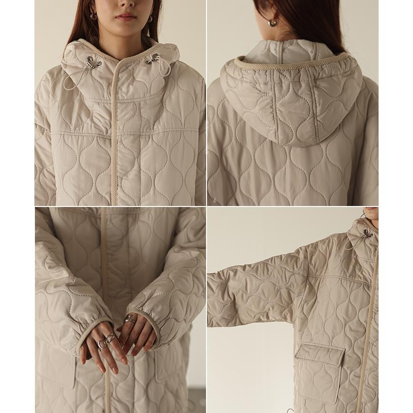 ジャケット キルティング コート レディース アウター ジャンパー キルト フード 無地 刺繍 オーバーサイズ Vネック 中綿 羽織 暖かい ロング ミリタリー | HUG.U | 18
