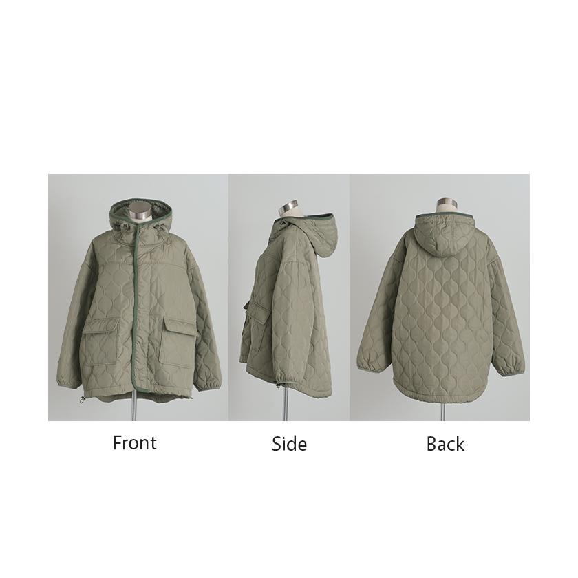 ジャケット キルティング コート レディース アウター ジャンパー キルト フード 無地 刺繍 オーバーサイズ Vネック 中綿 羽織 暖かい ロング ミリタリー | HUG.U | 19