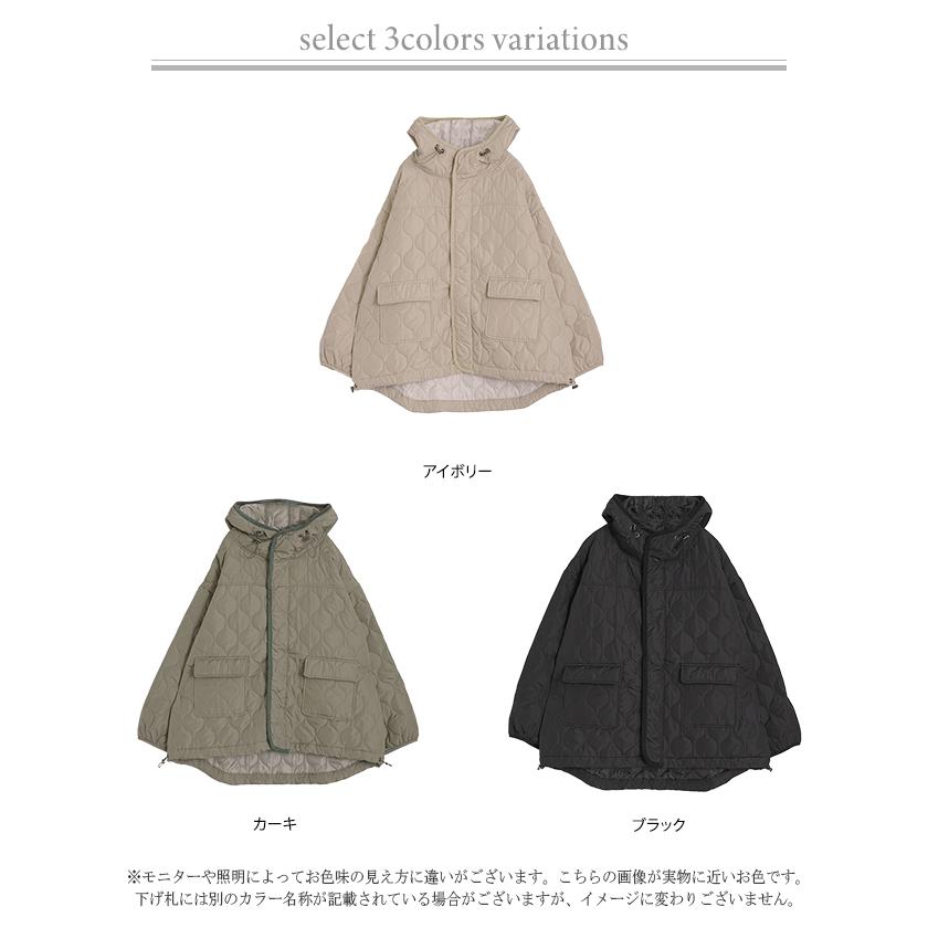 ジャケット キルティング コート レディース アウター ジャンパー キルト フード 無地 刺繍 オーバーサイズ Vネック 中綿 羽織 暖かい ロング ミリタリー | HUG.U | 20