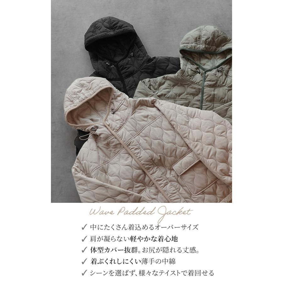 ジャケット キルティング コート レディース アウター ジャンパー キルト フード 無地 刺繍 オーバーサイズ Vネック 中綿 羽織 暖かい ロング ミリタリー | HUG.U | 05