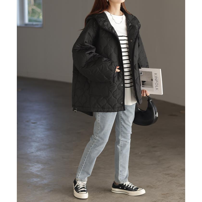 ジャケット キルティング コート レディース アウター ジャンパー キルト フード 無地 刺繍 オーバーサイズ Vネック 中綿 羽織 暖かい ロング ミリタリー | HUG.U | 06