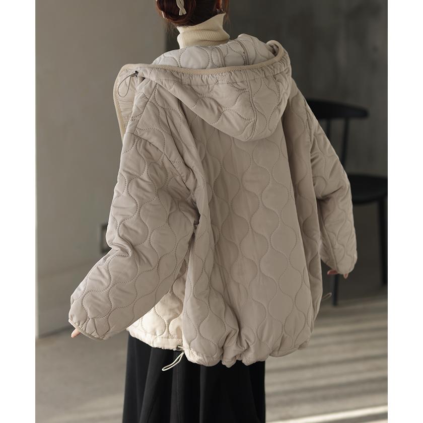 ジャケット キルティング コート レディース アウター ジャンパー キルト フード 無地 刺繍 オーバーサイズ Vネック 中綿 羽織 暖かい ロング ミリタリー | HUG.U | 10