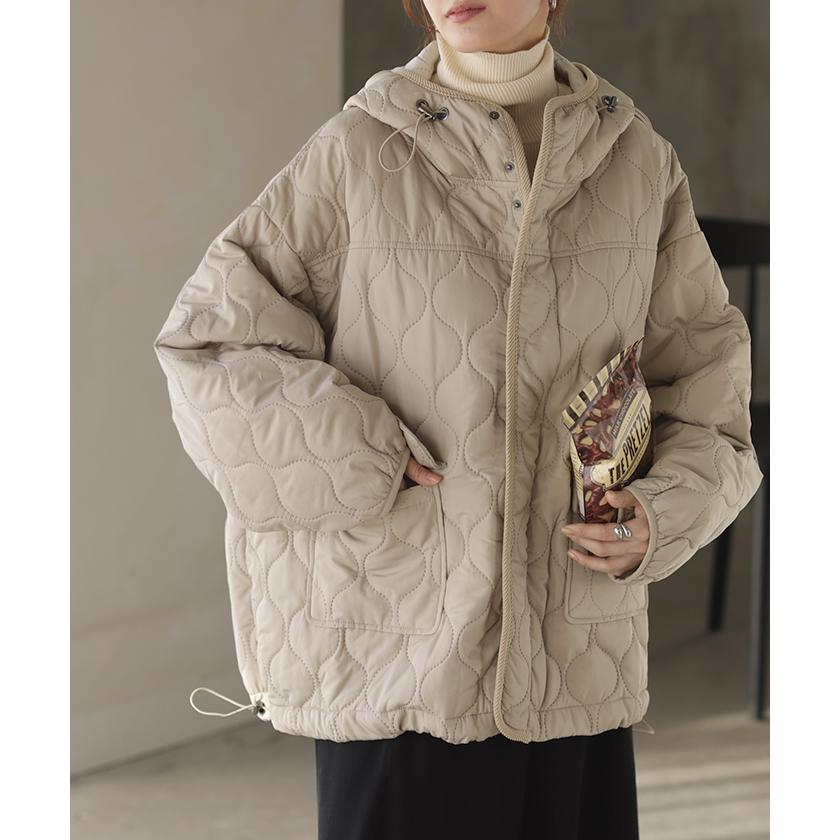 ジャケット キルティング コート レディース アウター ジャンパー キルト フード 無地 刺繍 オーバーサイズ Vネック 中綿 羽織 暖かい ロング ミリタリー | HUG.U | 11