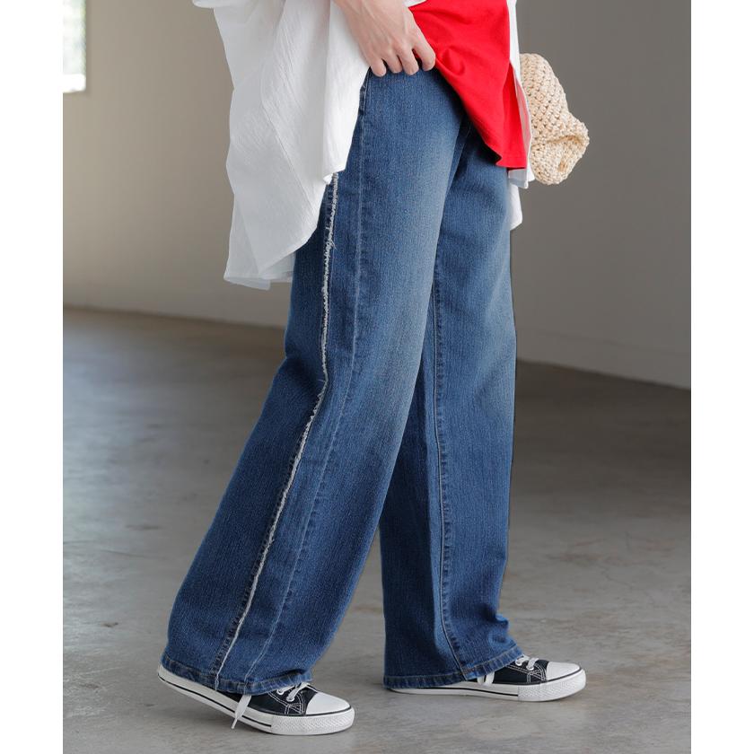 デニム パンツ フリンジ デニムパンツ レディース ワイド ワイドパンツ 大きいサイズ ジーンズ ジーパン 体型カバー ボトムス ストレート ズボン ボトム | HUG.U | 12